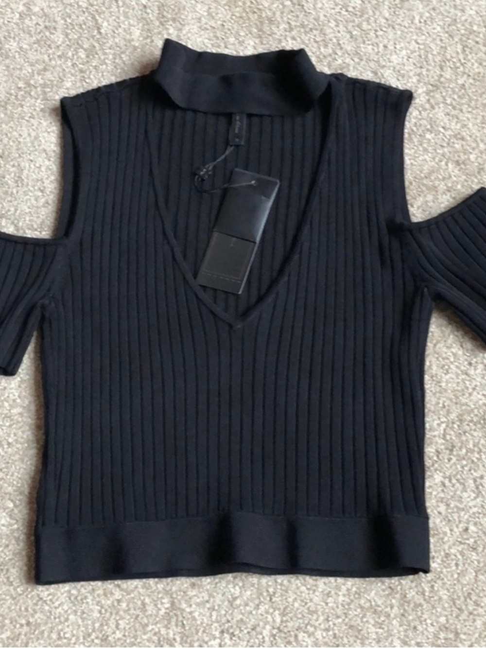 BCBGMaxAzria Black Ribbed V-Neck Cold-Shoulder Sweater